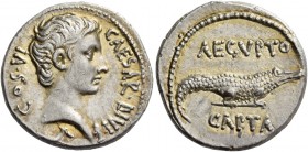 Octavian, 32 – 27. Denarius, uncertain Eastern mint 28 BC, AR 3.90 g. CAESAR·DIVI·F – COS·VI Bare head r.; below neck, small capricorn. Rev. AEGVPT / ...