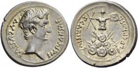 Octavian as Augustus, 27 BC – 14 AD. P. Carisius. Denarius, Emerita circa 25-23 BC, AR 3.96 g. IMP CAESAR – AVGVST Bare head r. Rev. P CARISIVS – LEG ...