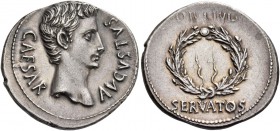 Octavian as Augustus, 27 BC – 14 AD. Denarius, Colonia Patricia (?) circa 19 BC, AR 3.78 g. CAESAR – AVGVSTVS Bare head r. Rev. Oak wreath with two ti...