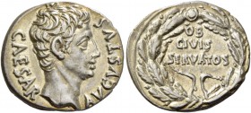 Octavian as Augustus, 27 BC – 14 AD. Denarius, Colonia Patricia circa 19 BC, AR 3.84 g. CAESAR – AVGVSTVS Bare head r. Rev. OB / CIVIS / SERVATOS with...