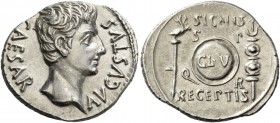 Octavian as Augustus, 27 BC – 14 AD. Denarius, Colonia Patricia (?) circa 19 BC, AR 3.76 g. CAESAR – AVGVSTVS Bare head r. Rev. SIGNIS / RECEPTIS Aqui...