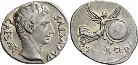 Octavian as Augustus, 27 BC – 14 AD. Denarius, Colonia Patricia (?) circa 19 BC, AR 3.84 g. CAESAR AVGVSTVS Bare head r. Rev. S·[P·Q]·R·CL·V Victory f...