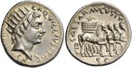 Octavian as Augustus, 27 BC – 14 AD. L. Aquillius Florus. Denarius circa 19 BC, AR 3.81 g. L AQVILLIVS FLOR – VS III VIR Head of Sol r. Rev. CAESAR·AV...