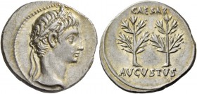 Octavian as Augustus, 27 BC – 14 AD. Denarius, Caesaraugusta (?) circa 19-18 BC, AR 3.86 g. Oak-wreathed head r. Rev. CAESAR / AVGVSTVS Two laurel bra...