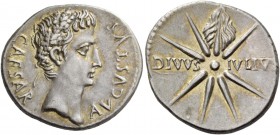 Octavian as Augustus, 27 BC – 14 AD. Denarius, Caesaraugusta (?) circa 19–18 BC, AR 3.77 g. CAESAR – AVGVSTVS Oak-wreathed head r. Rev. DIVVS – IVLIVS...