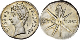 Octavian as Augustus, 27 BC – 14 AD. Denarius, Caesaraugusta 19-18 BC, AR 3.80 g. CAESAR – AVGVSTVS Oak-wreathed head l. Rev. DIVVS – IVLIVS Eight-ray...