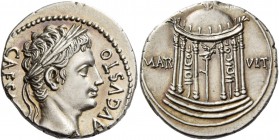 Octavian as Augustus, 27 BC – 14 AD. Denarius, Colonia Patricia (?) circa 18 BC, AR 3.83 g. CAEAS[ARI] – AVGVSTO Laureate head r. Rev. MAR – VLT Aquil...