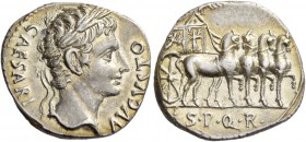 Octavian as Augustus, 27 BC – 14 AD. Denarius, Colonia Patricia 18 BC, AR 3.83 g. CAESARI – AVGVSTO Laureate head r. Rev. Slow quadriga r. containing ...