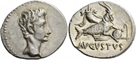 Octavian as Augustus, 27 BC – 14 AD. Denarius, Colonia Patricia (?) circa 18-17/16 BC, AR 3.83 g. Bare head r. Rev. AVGVSTVS Capricorn r., holding glo...