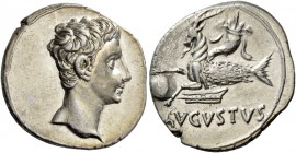 Octavian as Augustus, 27 BC – 14 AD. Denarius, Colonia Patricia (?) circa 18-17/16, AR 3.71 g. Bare head r. Rev. AVGVSTVS Capricorn l., holding globe ...