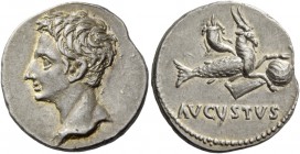Octavian as Augustus, 27 BC – 14 AD. Denarius, Colonia Patricia circa July 18-17/16 BC, AR 3.80 g. Bare head l. Rev. AVGVSTVS Capricorn r., holding gl...