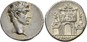 Octavian as Augustus, 27 BC – 14 AD. L. Vinicius. Denarius circa 16 BC, AR 3.96 g. Bare head r. Rev. Augustus in quadriga on triumphal arch, the pedes...