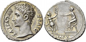 Octavian as Augustus, 27 BC – 14 AD. Denarius, Lugdunum circa 15-13 BC, AR 3.77 g. AVGVSTVS - DIVI F Bare head l. Rev. Soldier with parazonium offerin...