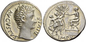 Octavian as Augustus, 27 BC – 14 AD. Denarius, Lugdunum 15-13 BC, AR 3.89 g. AVGVSTVS – DIVI·F Bare head r. Rev. Two soldiers (or Drusus and Tiberius)...