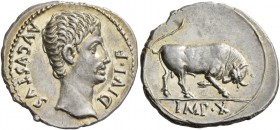 Octavian as Augustus, 27 BC – 14 AD. Denarius, Lugdunum 15-13 BC, AR 3.86 g. AVGVSTVS – DIVI·F Bare head r. Rev. Bull butting r.; in exergue, IMP·X. C...