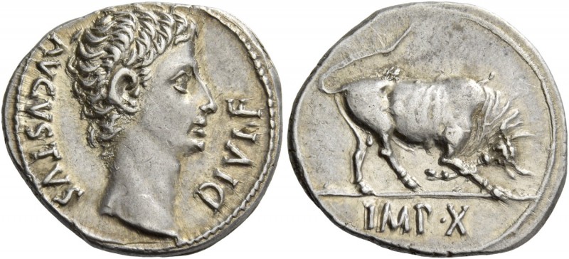 Octavian as Augustus, 27 BC – 14 AD. Denarius, Lugdunum 15-13 BC, AR 3.71 g. AVG...