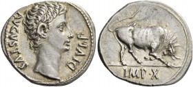 Octavian as Augustus, 27 BC – 14 AD. Denarius, Lugdunum 15-13 BC, AR 3.71 g. AVGVSTVS – DIVI·F Bare head r. Rev. Bull butting r.; in exergue, IMP·X. C...
