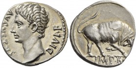 Octavian as Augustus, 27 BC – 14 AD. Denarius, Lugdunum 15-13, AR 3.72 g. AVGVSTVS – DIVI·F Bare head l. Rev. Bull butting r.; in exergue, IMP·X. C 13...