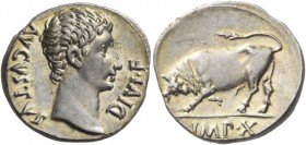 Octavian as Augustus, 27 BC – 14 AD. Denarius, Lugdunum 15-13 BC, AR 3.84 g. AVGVSTVS – DIVI·F Bare head r. Rev. Bull butting l.; in exergue, IMP·X. C...