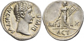 Octavian as Augustus, 27 BC – 14 AD. Denarius, Lugdunum 15-13 BC, AR 3.84 g. AVGVSTVS – DIVI·F Bare head r. Rev. IMP – X Apollo Citharoedus standing l...