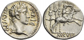 Octavian as Augustus, 27 BC – 14 AD. Denarius, Lugdunum circa 8 BC, AR 3.84 g. AVGVSTVS – DIVI·F Laureate head r. Rev. C·CAES Caius Caesar on horse r,...