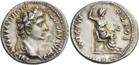 Octavian as Augustus, 27 BC – 14 AD. Denarius, Lugdunum circa AD 13-14, AR 3.85 g. CAESAR AVGVSTVS DIVI F PATER PATRIAE Laureate head r. Rev. PONTIF M...