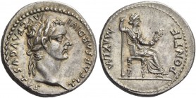 Tiberius, 14 – 37. Denarius, Lugdunum 14-37, AR 3.86 g. TI CAESAR DIVI – AVG F AVGVSTVS Laureate head r. Rev. PONTIF MAXIM Draped female figure (Livia...