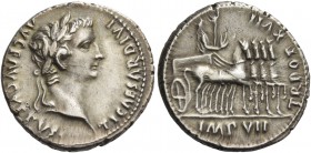 Tiberius, 14 – 37. Denarius, Lugdunum 15-16, AR 3.77 g. TI CAESAR DIVI – AVG F AVGVSTVS Laureate head r. Rev. TR POT XVII Tiberius in triumphal quadri...