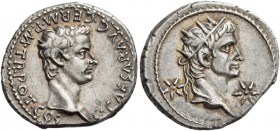 Gaius, 37 – 41. Denarius, Lugdunum 37-38, AR 3.78 g. C CAESAR AVG GERM P M TR POT COS Bare head of Gaius r. Rev. Radiate head of Augustus or Tiberius ...