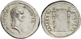 In the name of Antonia, wife of Nero Claudius Drusus and mother of Claudius. Denarius 41-42, AR 3.70 g. ANTONIA AVGVSTA Draped bust r., wearing corn e...