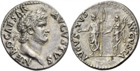 Nero, 54 – 68. Denarius circa 64-65, AR 3.43 g. NERO CAESAR – AVGVSTVS Laureate head r. Rev. AVGVSTVS – AVGVSTA Nero, radiate and togate, holding long...