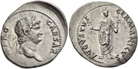 Nero, 54 – 68. Denarius circa 64-65, AR 3.45 g. NERO – CAESAR Laureate head r. Rev. AVGVSTVS – GERMANICVS Nero, radiate and togate, standing facing ho...