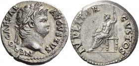 Nero, 54 – 68. Denarius circa 64-65, AR 3.45 g. NERO CAESAR – AVGVSTVS Laureate head r. Rev. IVPPITER – CVSTOS Jupiter seated l., holding thunderbolt ...