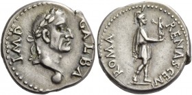 Galba, 68 – 69. Denarius, Tarraco ? circa April to December 68, AR 3.36 g. GALBA – IMP Laureate head r., globe at point of bust. Rev. ROMA – RENASCEN ...