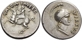Galba, 68 – 69. Denarius, Tarraco (?) circa April-December 68, AR 3.59 g. GALBA IMPER Galba, in military attire, on horseback l., raising r. hand. Rev...