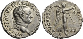 Vespasian, 69 – 79. Denarius, Ephesus 71, AR 3.47 g. IMP CAESAR VESPAS AVG COS III TR P P P Laureate head r. Rev. PACI – AVGVSTAE Victory standing r.,...