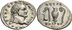 Vespasian, 69 – 79. Denarius 72-73, AR 3.54 g. IMP CAES VESP AVG P M COS IIII Laureate head r. Rev. AVGVR / TRI POT Priestly implements. C 45. BMC 64....