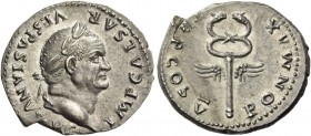 Vespasian, 69 – 79. Denarius 74, AR 3.49 g. IMP CAESAR – VESPASIANVS AVG Laureate head r. Rev. PONT MAX – TR P COS V Winged caduceus. C 362. BMC 138. ...