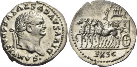 Vespasian, 69 – 79. Denarius 80-81, AR 3.50 g. DIVVS AVGVSTVS VESPASIANVS Laureate head r. Rev. Quadriga with richly ornamented car at pace l.; in exe...