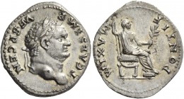 Titus caesar, 69 – 79. Denarius 73, AR 3.39 g. T CAES IMP – VESP CEN Laureate head r. with slight beard. Rev. PONTIF – MAXIM Vespasian seated r., hold...