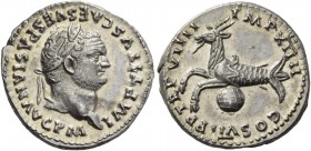 Titus augustus, 79 – 81. Denarius after 1st July 79, AR 3.46 g. IMP TITVS CAES VESPASIAN AVG P M Laureate head r. Rev.TR P VIIII – IMP XIIII – COS VII...