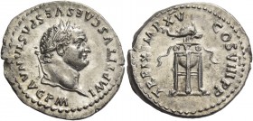 Titus augustus, 79 – 81. Denarius 1st January-30 June 80, AR 3.55 g. IMP TITVS CAES VESPASIAN AVG P M Laureate head with slight beard r. Rev. TR P IX ...