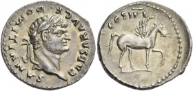 Domitian caesar, 69 – 81. Denarius early 76-early 77, AR 3.41 g. CAESAR AVG F – DOMIT[IANVS] Laureate head r. Rev. COS IIII Pegasus r. C 47. BMC Vespa...