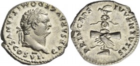 Domitian caesar, 69 – 81. Denarius 79, AR 3.46 g. CAESAR AVG F DOMITIANVS COS VI Laureate and bearded head r. Rev. PRINCEPS – IVVENTVTIS Two clasped h...