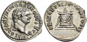 Domitian caesar, 69 – 81. Denarius 80-81, AR 3.56 g. CAESAR DIVI F DOMITIANVS COS VII Laureate and bearded head r. Rev. PRINCEPS – IVVENTVTIS Garlande...