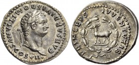 Domitian caesar, 69 – 81. Denarius 80-81, AR 3.34 g. CAESAR DIVI F DOMITIANVS COS VII Laureate and bearded head r. Rev. PRINCEPS – IVVENTVTIS Goat sta...