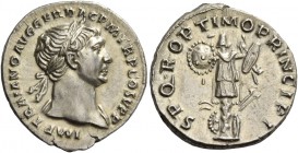 Trajan, 98 – 117. Denarius circa 107, AR 3.04 g. IMP TRAIANO AVG GER DAC P M T R P COS V P P Laureate bust r. with drapery on l. shoulder. Rev. S P Q ...