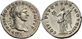 Trajan, 98 – 117. Denarius second half 107-108, AR 3.31 g. IMP TRAIANO AVG GER DAC P M TR P Laureate bust r., with drapery on l. shoulder. Rev. COS V ...