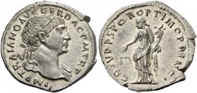 Trajan, 98 – 117. Denarius circa 108-109, AR 3.13 g. IMP TRAIANO AVG GER DAC P M TR P Laureate bust r., with drapery on l. shoulder. Rev. COS V P P S ...