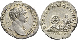 Trajan, 98 – 117. Denarius circa 112-113, AR 3.48 g. IMP TRAIANO AVG GER DAC P M TR P COS VI P P Laureate bust r., with drapery over l. shoulder. Rev....